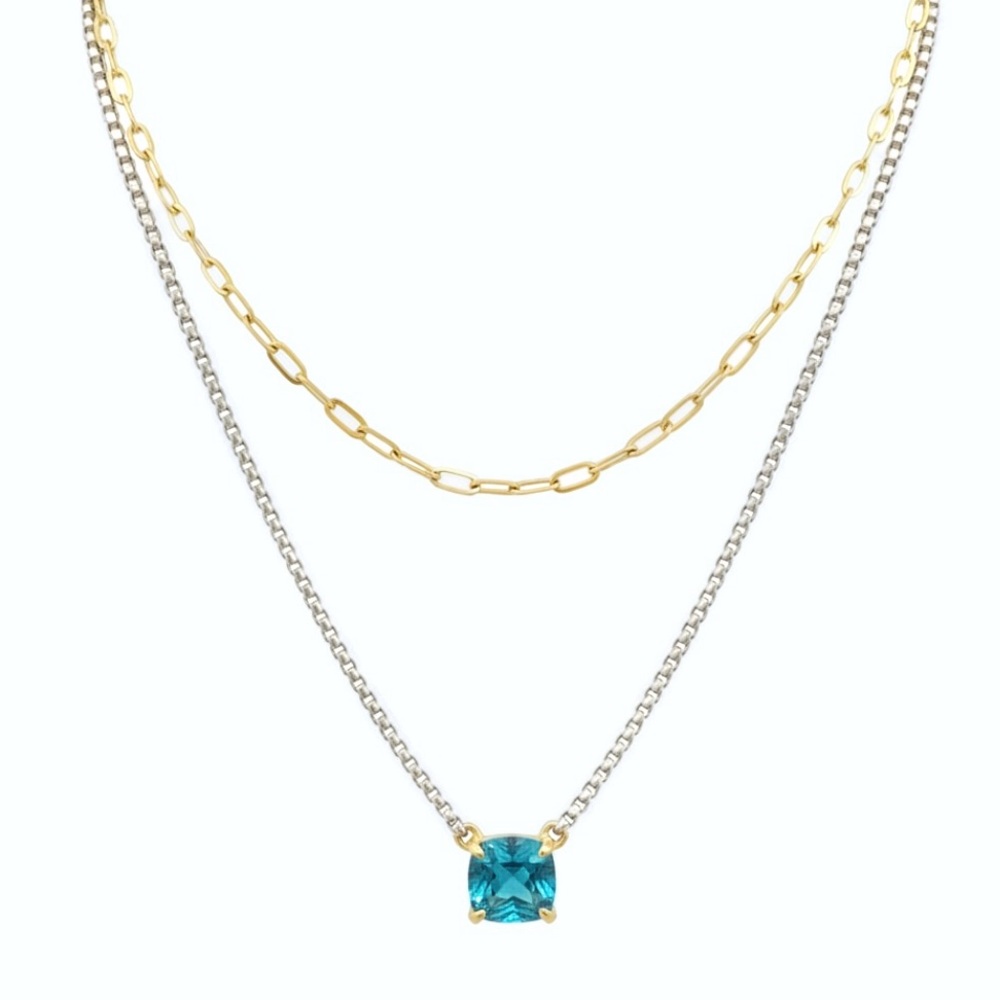 Two tone Layered Rhodium Gold Chain Necklace w Simulated Blue Topaz Teal Pendant